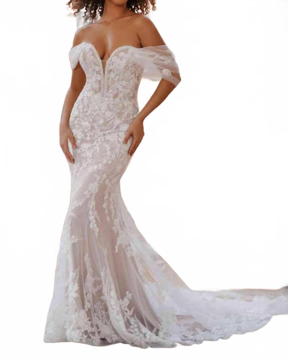 NEW ALLURE ROMANCE off the shoulder wedding gown in sand/ivory/nude